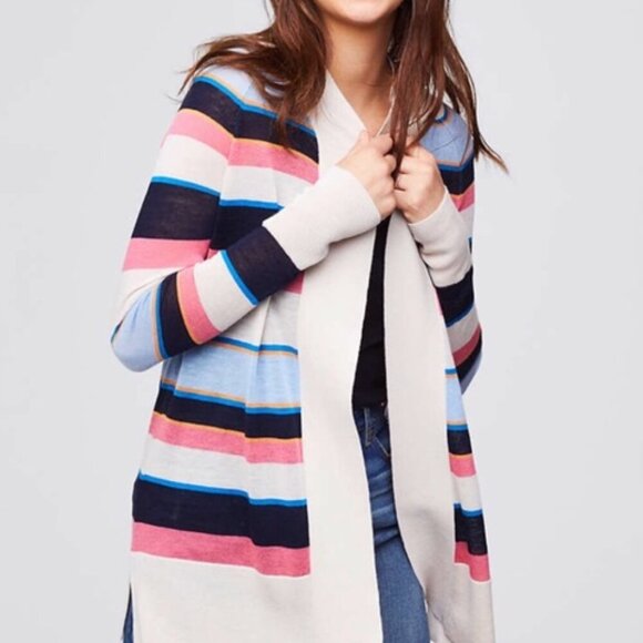 ANN TAYLOR LOFT Striped Sheer Open Cardigan Beige Navy Blue Pink Long Sweater XS - Picture 1 of 9
